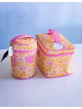 Floral Travel Makeup Bag Set Cosmetic Organizer + Brush Holder 2pc